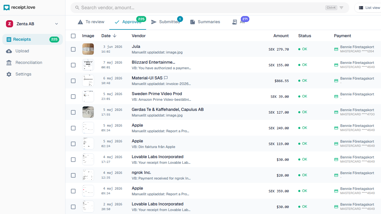 receipt.love dashboard showing approved receipts with vendor, amount, payment method, and account classification