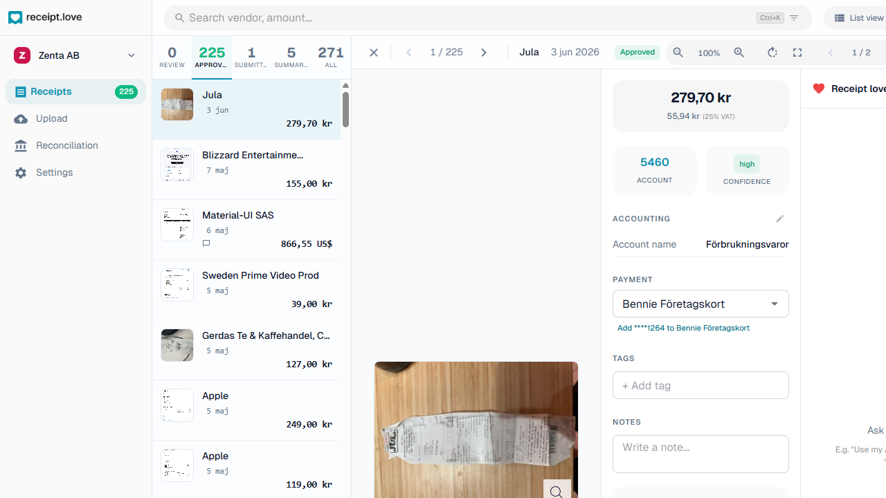 receipt.love review mode showing receipt image, AI classification, payment matching, and AI chat